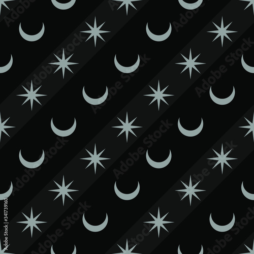 seamless pattern with crescent moon and stars on black background
