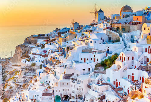 Picturesque View of Oya or Ia Village on Santorini Island In Greece During Marvelous Golden Hour.
