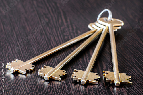 Standard set of house keys on a spring ring. Set of keys yellow-brass color.