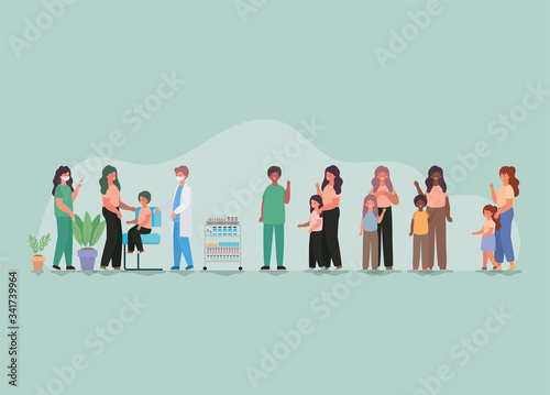 Mothers with kids vaccination and doctors with masks against 2019 ncov virus vector design