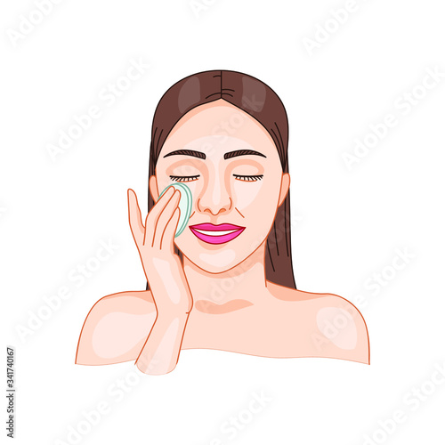 make up removal. beautiful young woman wiping face skin with cotton pad to clean it from make-up. moisturizing, cleansing for healthy fresh look. isolated vector illustration on white background. 