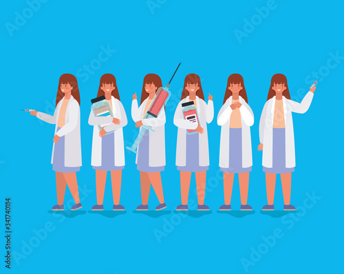 Women doctors with medicine jars and injection against 2019 ncov virus vector design