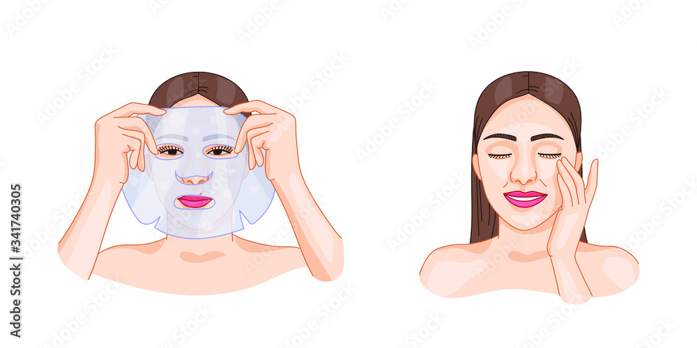 beautiful woman applying facial korean beauty sheet mask to nourish moisturize red rid of wrinkles, dry skin, black heads dark spots acne. anti-age spa procedure. isolated vector illustration on white beautiful woman applying facial korean beauty sheet mask to nourish moisturize red rid of wrinkles, dry skin, black heads dark spots acne. anti-age spa procedure. isolated vector illustration on white