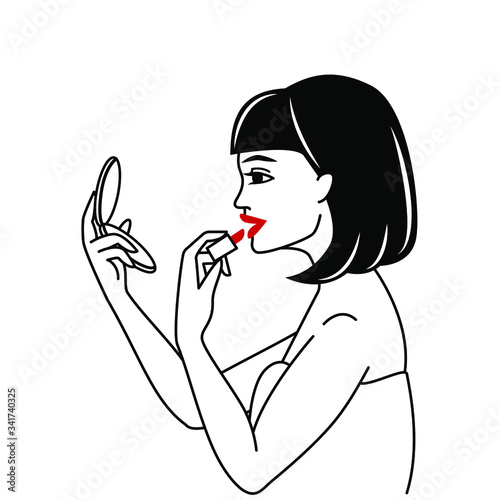 beautiful young woman with black hair applying lipstick and looking in the mirror. black and white outline graphic style. red lips. girl doing makeup. fashion and glamour isolated vector illustration