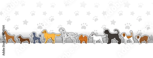 Header with cartoon dogs on light background with stars and paws. Horizontal vector illustration.