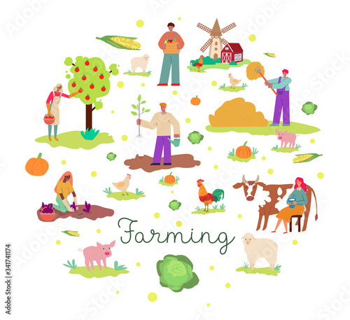 Farming poster with cartoon farm animals and farmer people working