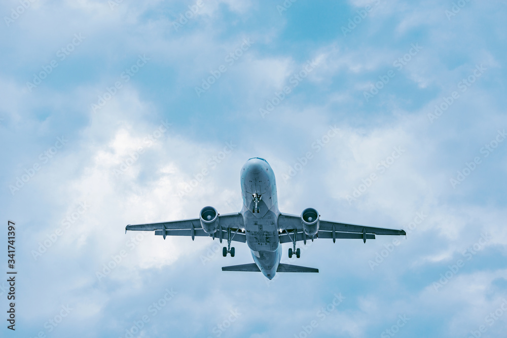 Landing of the passenger plane at sunset time.