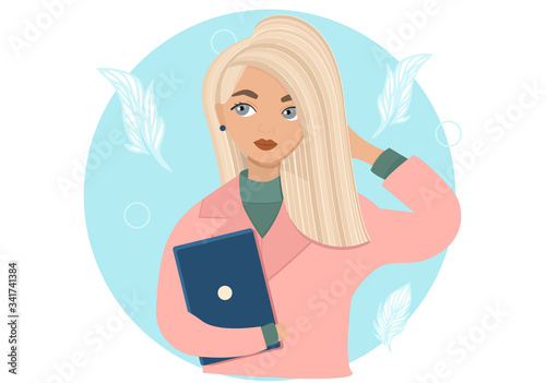 cute blonde girl holding a computer, thoughtful girl designer, vector illustrations with people