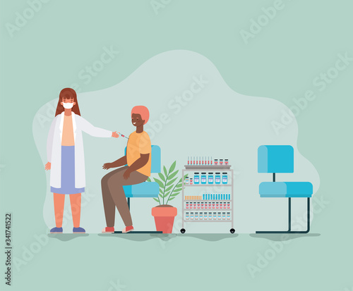 Man vaccination and doctor with mask against 2019 ncov virus vector design