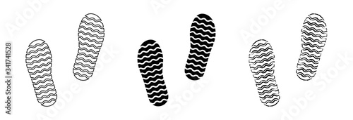 Flat linear design. Trail of footprints from a human foot in a shoe. Black and contour marks. Isolated vector elements.