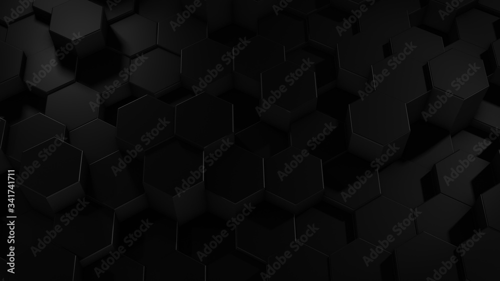3D rendering of abstract hexagonal geometric black surfaces in virtual space 3D rendering of abstract hexagonal geometric black surfaces in virtual space