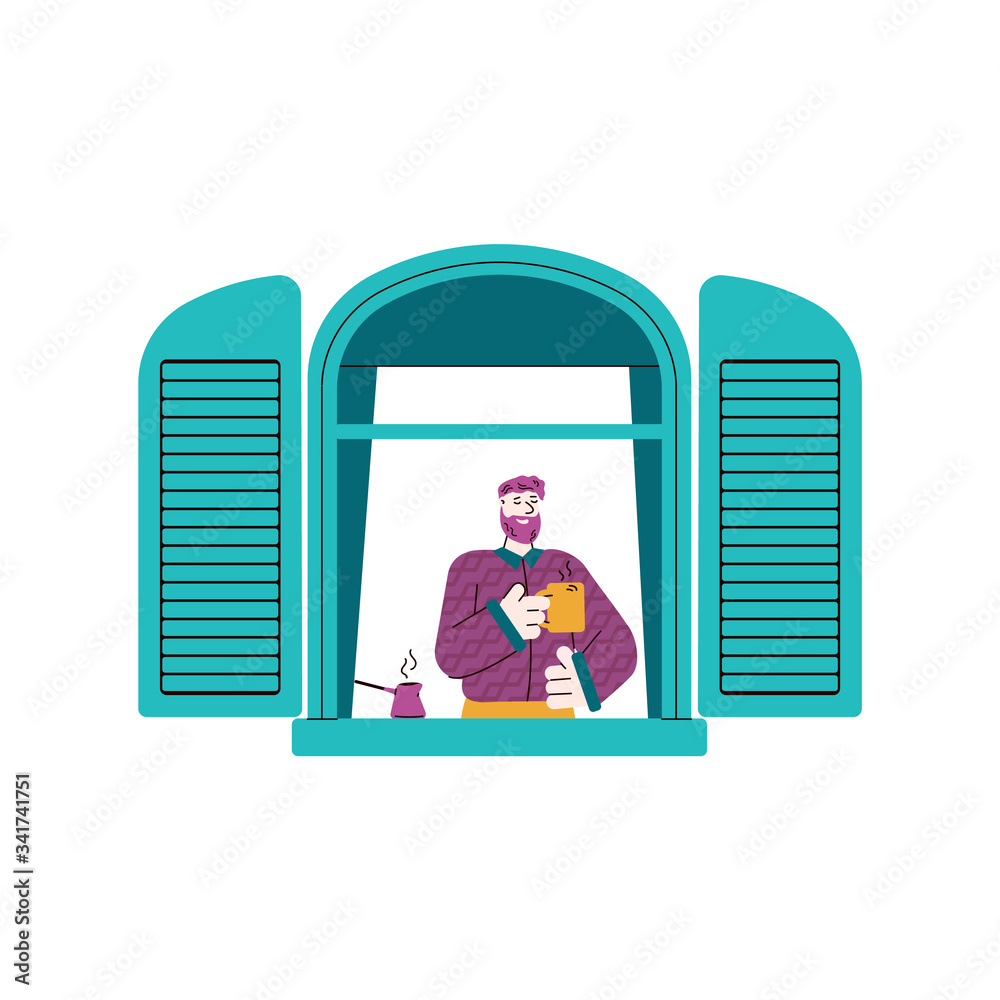 Cartoon man in window with open shutters drinking coffee and smiling