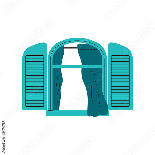 Empty open house window blue wood frame, cartoon vector illustration isolated.