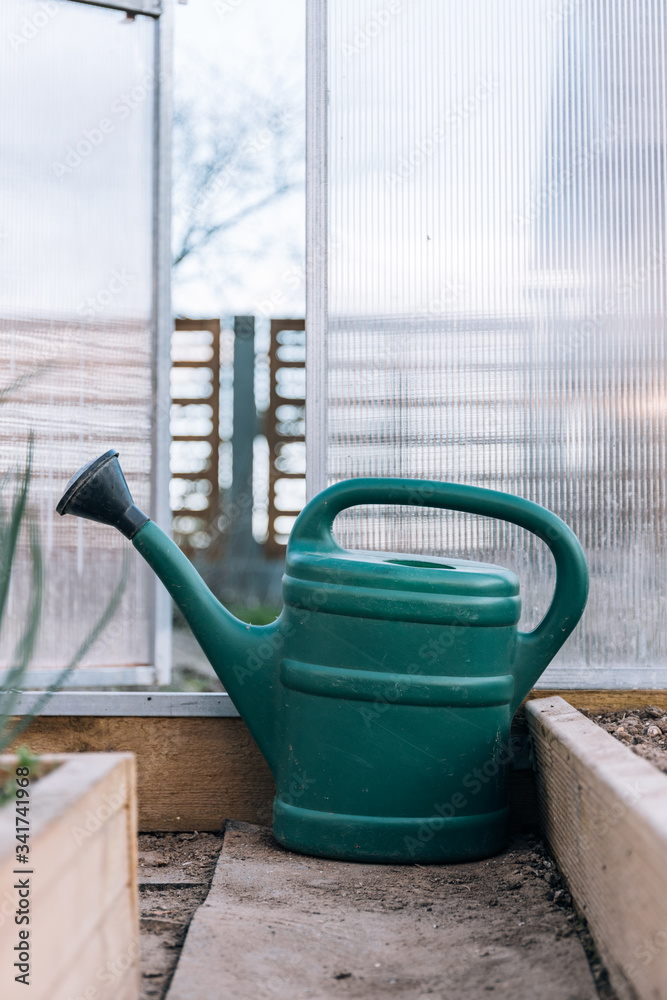 Green plastic watering cans in the greenhouse, in background of greenhouse