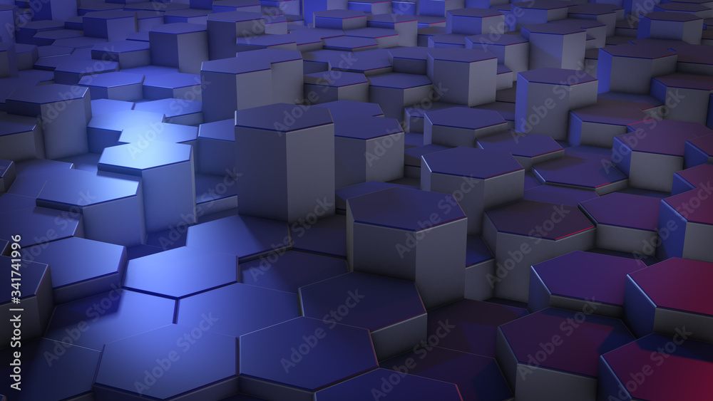 3D rendering of abstract hexagonal geometric surfaces in virtual space