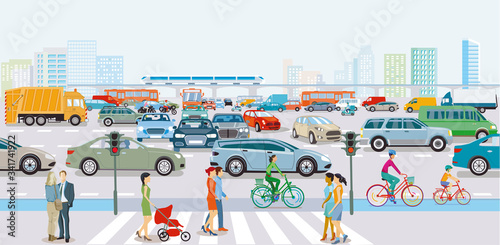 Stadt mit Straßenverkehr in der rush hour und Fußgänger auf den Bürgersteig