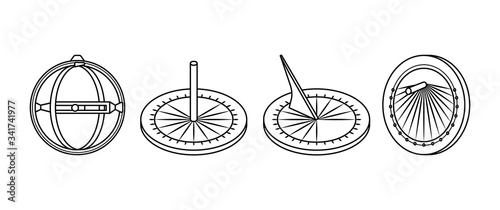 Set of outline old sundial icons. Line style. Ancient sundial vector illustration for web design isolated on white background. photo