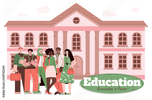 Education and knowledge banner with students, cartoon vector illustration.