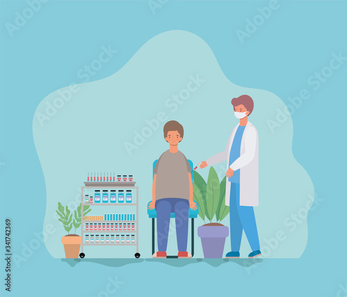 Man vaccination and doctor with mask against 2019 ncov virus vector design