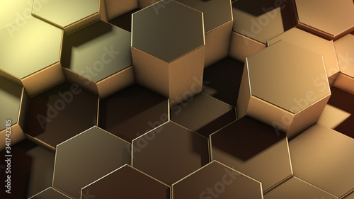 Fototapeta Naklejka Na Ścianę i Meble -  3D rendering of abstract hexagonal geometric golden surfaces in virtual space