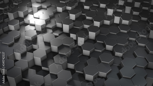 3D rendering of abstract hexagonal geometric metallic surfaces in virtual space © Vitaly