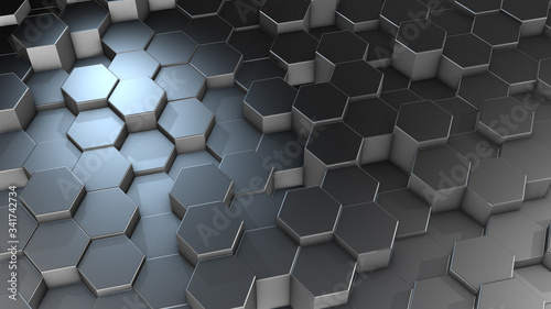 3D rendering of abstract hexagonal geometric aluminum surfaces in virtual space