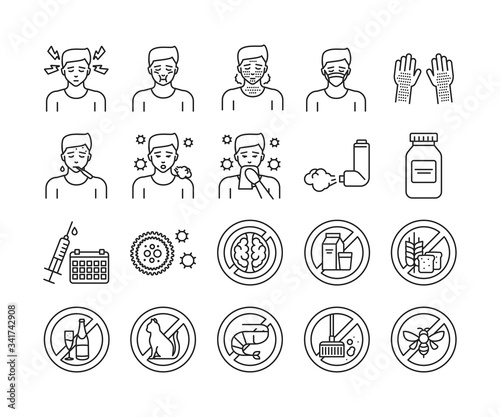 Allergy and symptoms line black icons set. Food intolerance, poisoning. Dermatological, infectious disease. Isolated vector element. Outline pictograms for web page, mobile app, promo.