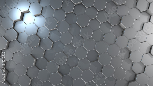 3D rendering of abstract hexagonal geometric aluminum surfaces in virtual space