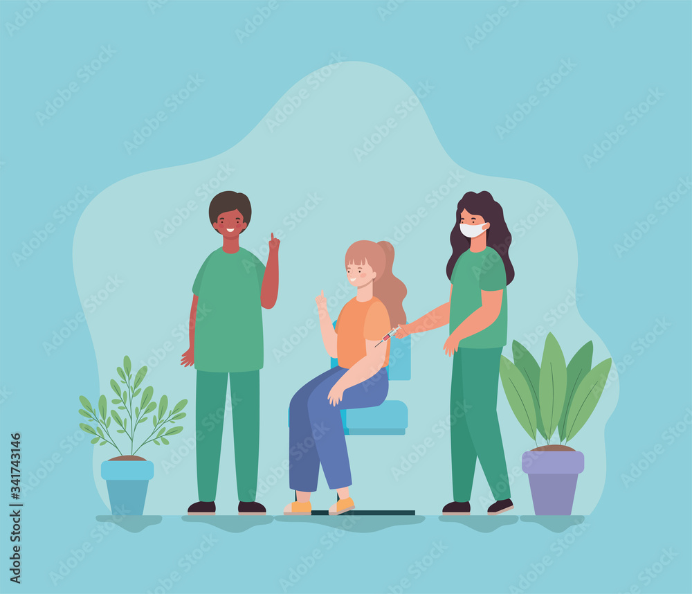 Woman vaccination and doctors with mask against 2019 ncov virus vector design Woman vaccination and doctors with mask against 2019 ncov virus vector design
