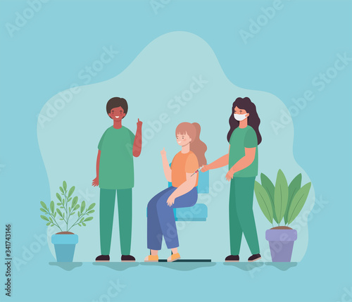 Woman vaccination and doctors with mask against 2019 ncov virus vector design