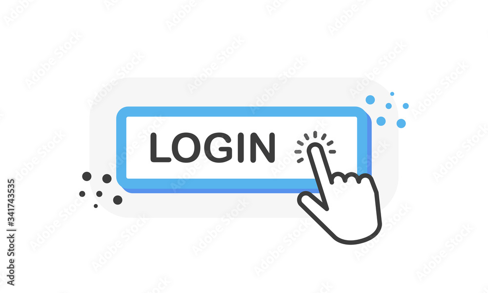 Login blue 3D button with hand pointer clicking. White background. Vector Login blue 3D button with hand pointer clicking. White background. Vector
