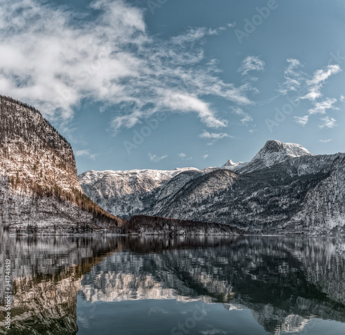 Snowy mountains around Austrian Schloss Grub in Obertraun by lake Hallstatt in winter photo