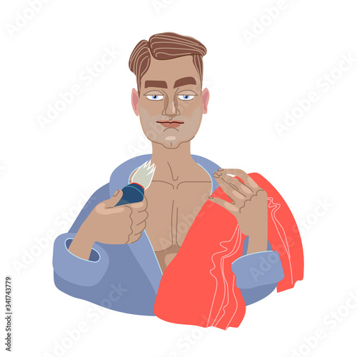 young cute man in a bathrobe with shaving brush and red towel, morning wash & hygiene concept, color vector illustration isolated on a white background in cartoon & flat style