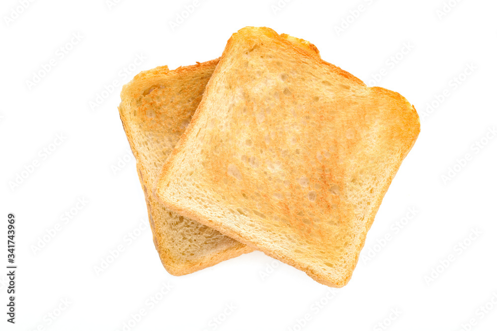 Two slicecs of toasted bread isolated on a white background in close-up (high details) Two slicecs of toasted bread isolated on a white background in close-up (high details)