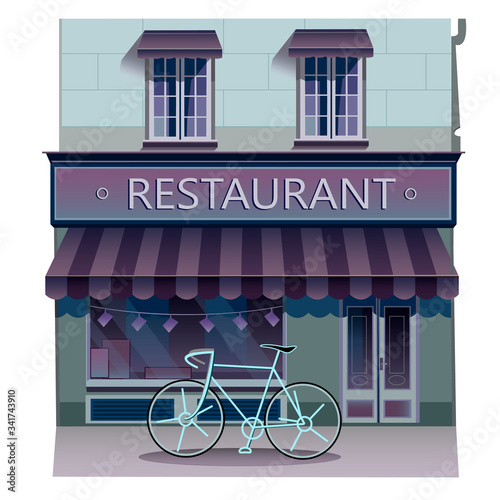 Building vector illustration isolated on white background. Restaurant stock illustration. Restaurant building in purple colors. Facade of a cafe diner, restaurant. Bicycles near the building 