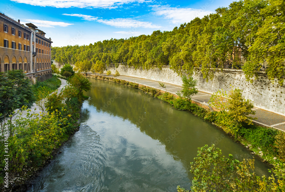 View from Fabricius' Bridge (Ponte Fabricio) at Tiber river in Rome, Italy View from Fabricius' Bridge (Ponte Fabricio) at Tiber river in Rome, Italy
