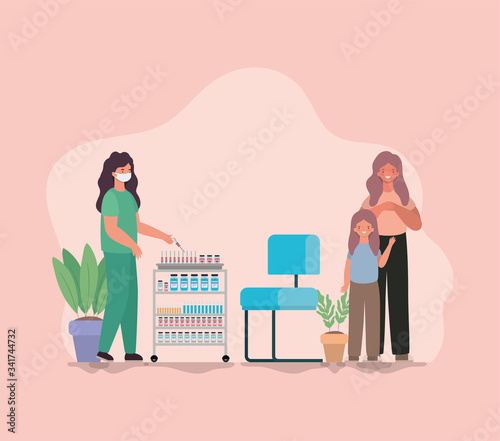Girl kid with mother vaccination and doctors with mask against 2019 ncov virus vector design