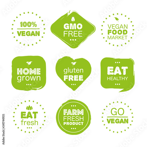 Fresh healthy organic vegan food eat set logo labels and tags the different design and green color. Vector