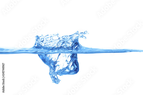 The surface of the water splashes blue, the side view is set on a white background
