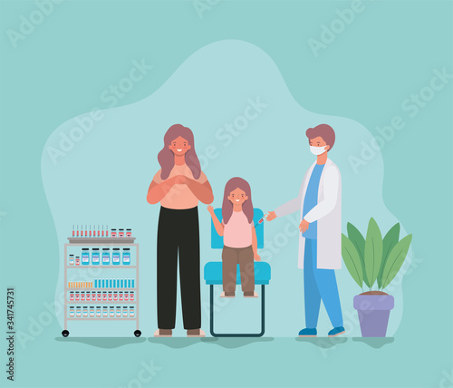 Girl kid with mother vaccination and doctor with mask against 2019 ncov virus vector design