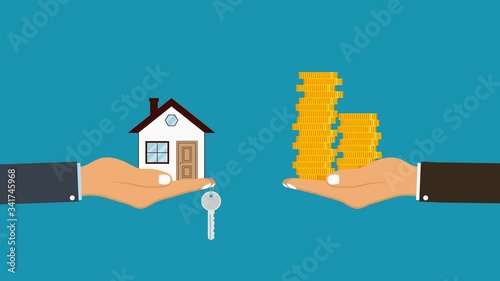Hand holds house and key on finger and giving, receiving golden coins from other hand. Concept for home agent, sale and rent of a house and buyer or customer. HD video animation with alpha channel.