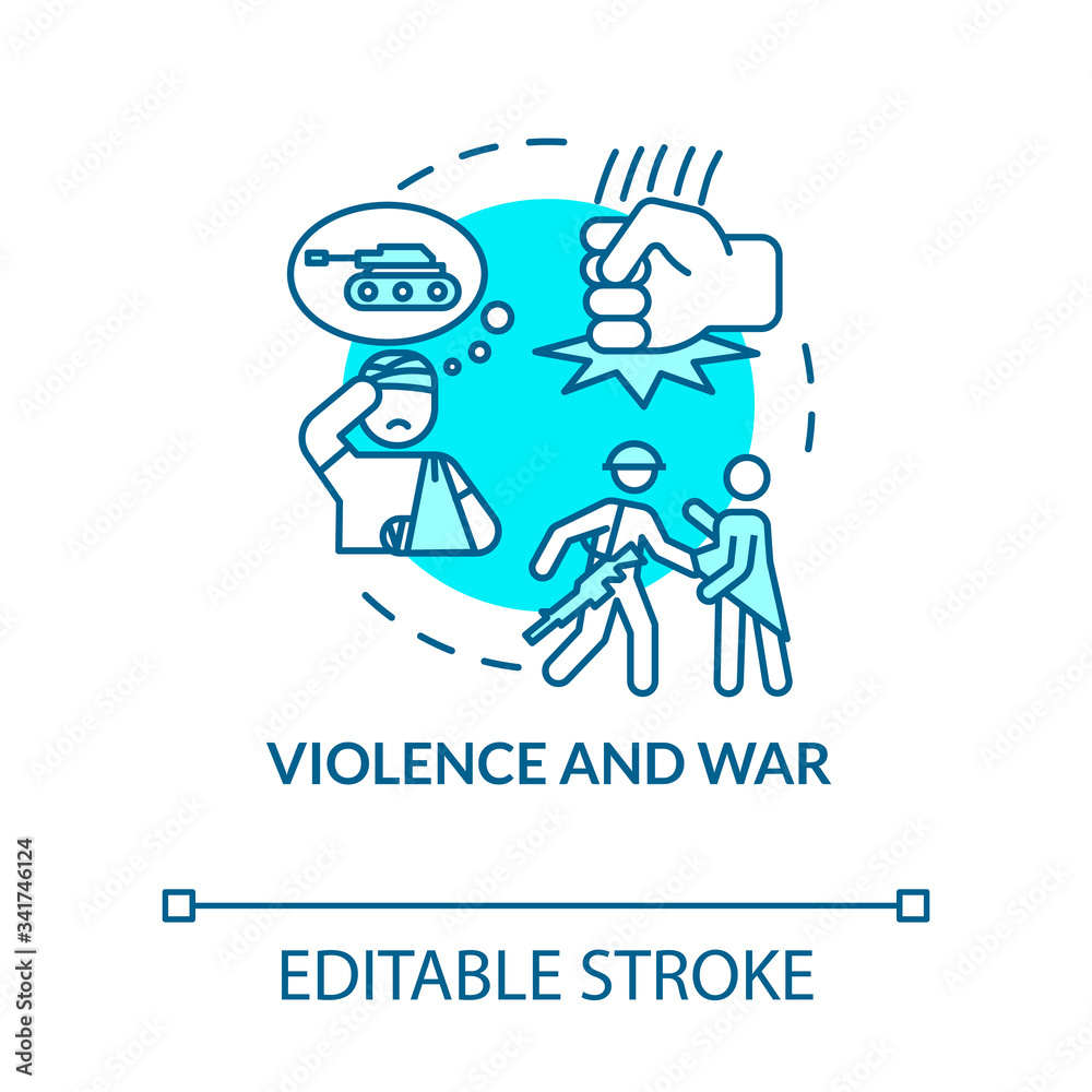 Violence and war, trauma causes concept icon. Crime, law violation, armed conflict, force use idea thin line illustration. Vector isolated outline RGB color drawing. Editable stroke