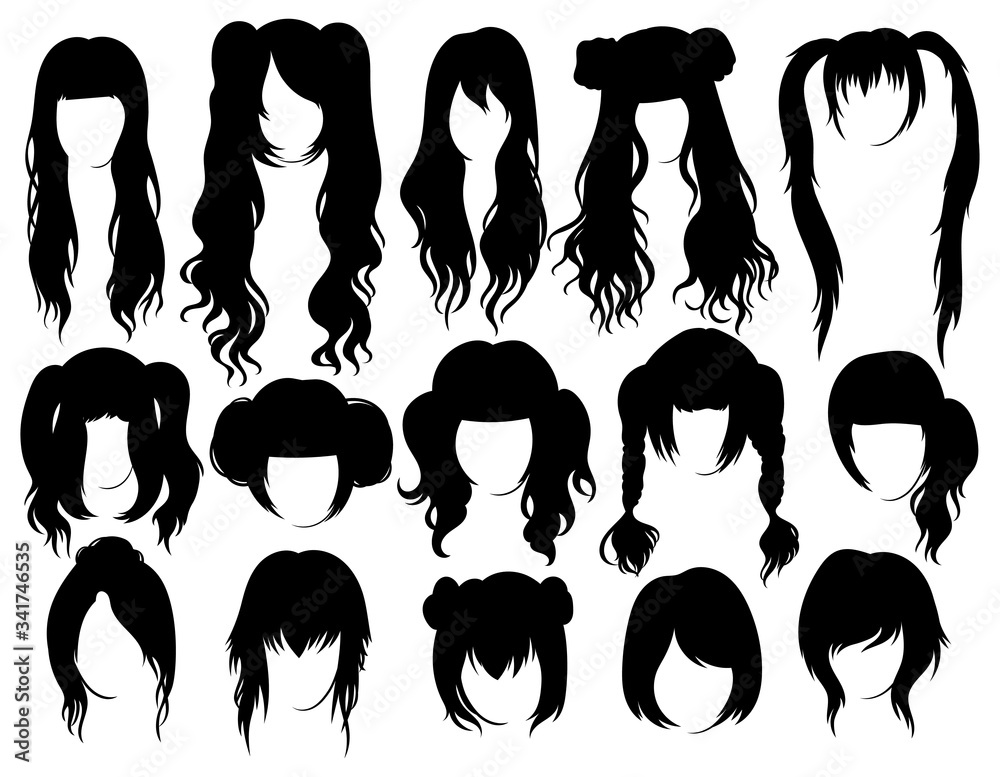Set of hairstyles for woman. Collection of black silhouettes of hairstyles  for girls. Vector illustration on white background. Stock Vector | Adobe  Stock
