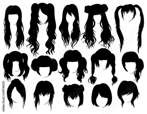 Set of hairstyles for woman. Collection of black silhouettes of hairstyles for girls. Vector illustration on white background.