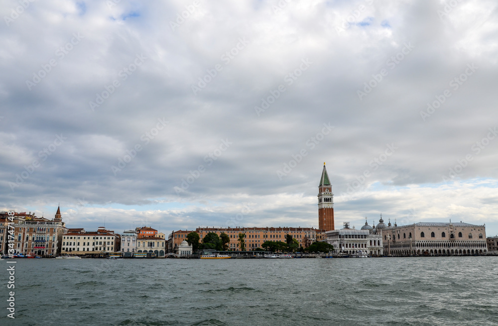 View from sea of San Marco Square (Piazza San Marco), Campanile, Doge Palace and St. Mark's Cathedral. Venice landmark. Italy, Europe