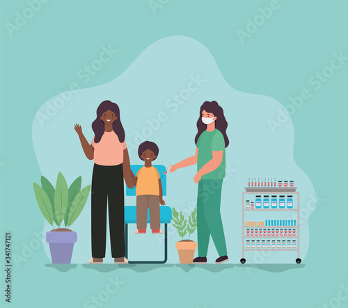 Boy kid with mother vaccination and doctor with mask against 2019 ncov virus vector design
