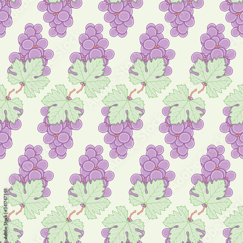 Grapes with leaves seamless vector pattern. Cartoon fruits illustration background.