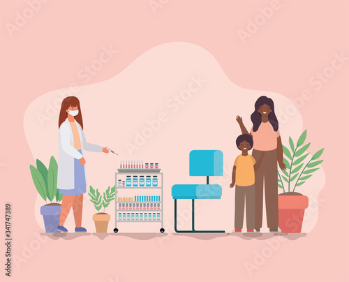 Boy kid with mother vaccination and doctor with mask against 2019 ncov virus vector design