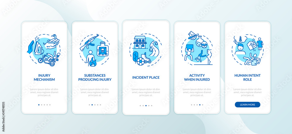 Injury mechanism, causes onboarding mobile app page screen with concepts. Trauma producing substances walkthrough 5 steps graphic instructions. UI vector template with RGB color illustrations Injury mechanism, causes onboarding mobile app page screen with concepts. Trauma producing substances walkthrough 5 steps graphic instructions. UI vector template with RGB color illustrations