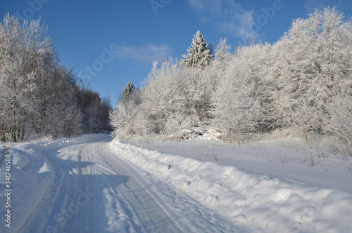 a white winter road in the cold of winter and the blue sky © Konstantin Ivshin